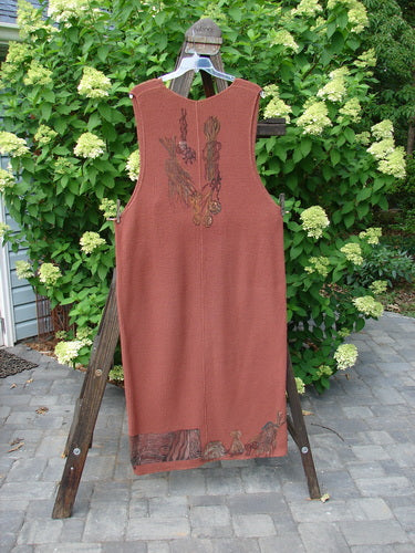 1993 Waffle Pocket Sweater Jumper Farm Fence Woodberry Size 2 displayed on a rack, showcasing its oversized front painted pocket, thick thermal waffle weave, and unique vintage farm fence theme paint.