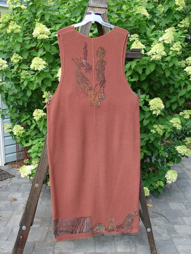 1993 Waffle Pocket Sweater Jumper Farm Fence Woodberry Size 2 displayed on a wooden ladder, showcasing its thick thermal waffle weave, oversized front painted pocket, and plunging V neckline.