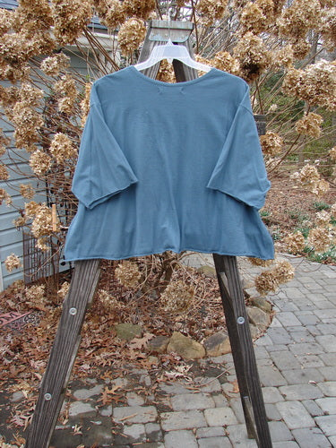 Barclay Crop A Lined Tee Top Continuous Pinwheel Puddle Size 2 displayed on a wooden hanger, showcasing its wide crop boxy shape and rolled neckline.