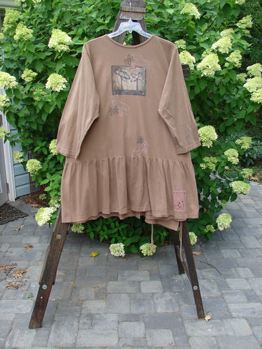 1995 Clothespin Jacket Space Travel Mudpie OSFA: Brown shirt with a swinging silhouette, long sleeves, and a flared lower flounce.