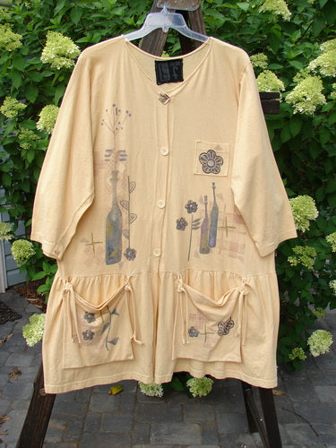 1995 Clothespin Jacket Celebrate Glint OSFA: Vintage mid-weight cotton jacket with unique festive design, flared lower flounce, special buttons, and tie-off pockets. Features Blue Fish signature patch.