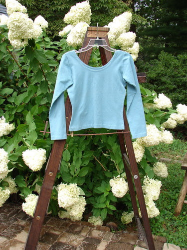 1995 Long Sleeved Layering Top Unpainted Watercolor Tiny Size 1 displayed on a garden swing, showcasing its fitted design, ballerina neckline, and tapering waist for a snug, shapely fit.