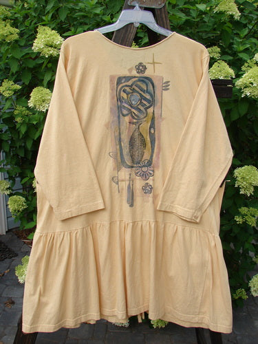 1995 Clothespin Jacket Celebrate Glint OSFA featuring graphic designs, long sleeves, flared lower flounce, 5 blue buttons, special top button, and two painted tie-on pockets with extra-long rippies.