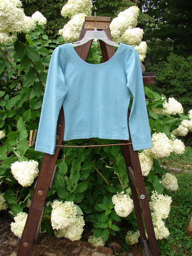 1995 Long Sleeved Layering Top Unpainted Watercolor Tiny Size 1 displayed on a wooden rack, showcasing its ballerina neckline, tapering waist, and substantial stretch fabric.