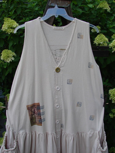 1995 Voyager Vest Festive Swan China Size 2, featuring vibrant swan-themed paint, deep V-neckline, original buttons, and two front elastic-topped pockets. Made from organic cotton, perfect condition.