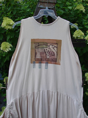 1995 Voyager Vest Festive Swan China Size 2, organic cotton vest featuring bright swan-themed paint, deep V-neckline, elastic side pockets, original buttons, and a gathered bottom flounce from Bluefishfinder.com.