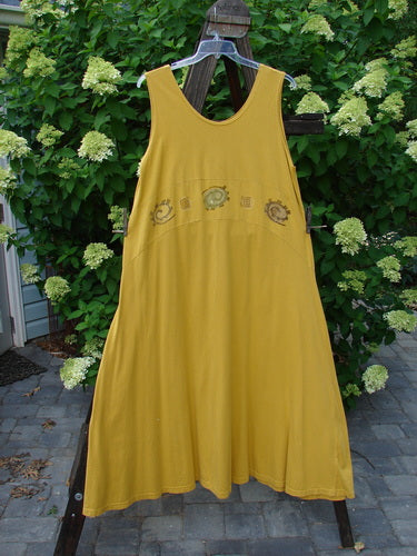 1995 Zelda Jumper Dress Abstract Key Lemon Size 2: A yellow dress on a clothesline, featuring a downward yoked waist seam, a rounded deeper scooped neckline, and a sweeping A-line shape. The dress is painted front and back in a generous abstract theme. Versatile and stylish, it can be worn forward or back depending on your mood. Bust 48, Waist 50, Hips 58, Hem Circumference 105, Length 55.