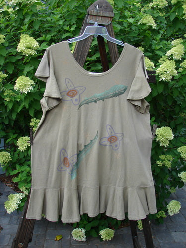 1996 Butterfly Dress Feather Flower Nest Size 2: Organic cotton dress featuring ruffled sleeves, lower ruffled hem, deep neckline, straight shape with slight A-line flair, and feather flower paint.