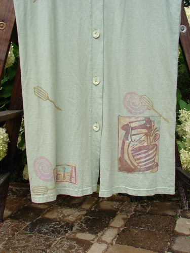 1995 Arbor Vest Kitchen Mixer Dinette Green OSFA: A white shirt featuring a hand-painted fork and spoon design, deep V-neckline, rounded hemline, front breast pocket, and original blue buttons.