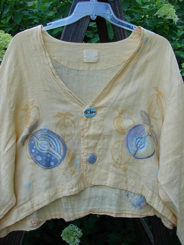 1999 Weathervane Jacket Summer Fruit Buttercup Size 2 displayed on a black wooden hanger, featuring unique front buttons, a deeper V-shaped neckline, and summer fruit-themed painted designs.