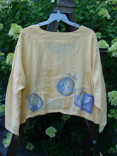 1999 Weathervane Jacket Summer Fruit Buttercup Size 2, featuring blue fruit print, unique mix-match buttons, and a deeper V neckline, in perfect condition, from the Spring Collection of 1999.