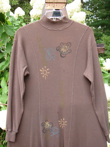 1996 Thermal Day Dress Celestial Molasses Size 2 featuring a mock rib turtleneck, thicker ribbed cuffs, unique hemline ribbing, and celestial-themed front design in perfect condition.