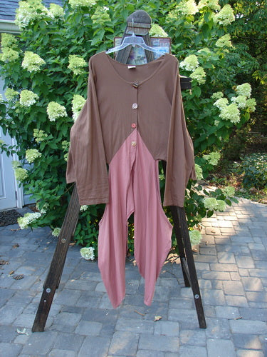 Barclay Calligrapher's Jacket in Unpainted Mauve Brown, featuring long dippy sides, super open hips, deep V neckline, and a unique four-button front, displayed on a rack.