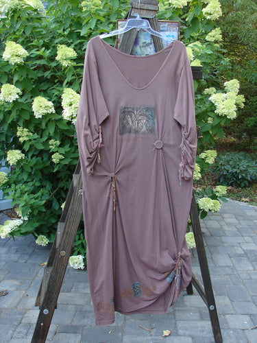 1994 Deep Neck Dress with fish embellishments, buttons, and ribbons. Forest-themed paint. Dusty Plum color. Size 2.