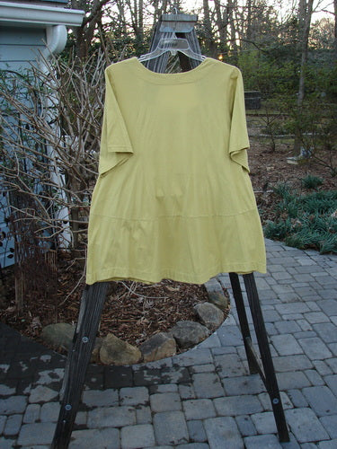 A yellow Barclay Be There Top, size 2, on a clothes rack. Made from organic cotton, it features a squared double paneled deeper neckline, empire waist seam, wide full pleats, and a forever skirt flair. Bust 54, waist 56, hips 60, hem circumference 80, length 32 inches.