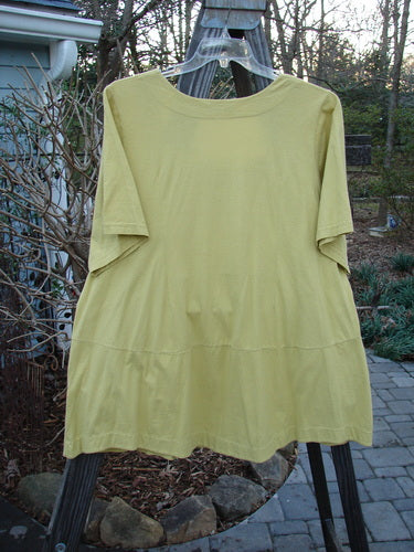 A yellow Barclay Be There Top, size 2, made from organic cotton. Features include a squared double-paneled neckline, empire waist seam, wide full pleats, and a forever skirt flair. Bust 54, waist 56, hips 60, hem circumference 80, length 32 inches.