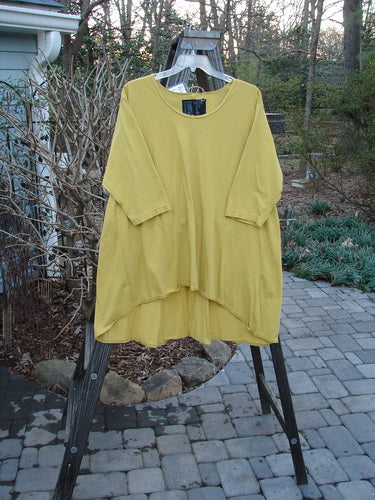 Barclay NWT High Low Top Unpainted Dusty Yellow Size 2 displayed on a hanger, highlighting its A-line shape, feminine neckline, and three-quarter sleeves. Organic cotton fabric with a varying hemline.