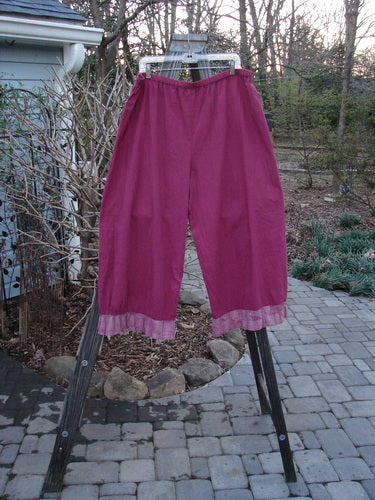 A pair of Barclay Batiste Carousel Flutter Pants in Deep Peony Stripe, size 2, on a clothes rack. Slightly cropped with a wide, flowy shape and super stripe ruffle lowers. Perfect for spring or summer!