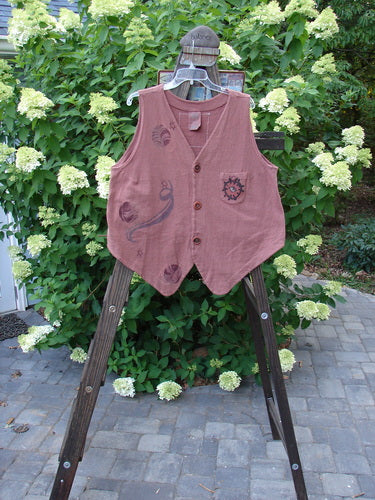 1995 Reprocessed Drawing Room Vest Windy Planet Clove OSFA displayed on a rack, featuring a lizard design, ceramic buttons, tailored draw cord back, and front pocket, exemplifying Blue Fish's vintage creative style.