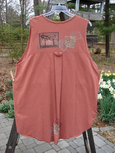 1995 Breeze Vest Space Odyssey Russet OSFA: A pink shirt with a drawing on it, featuring a close-up of a vest, a plant, and a dress.