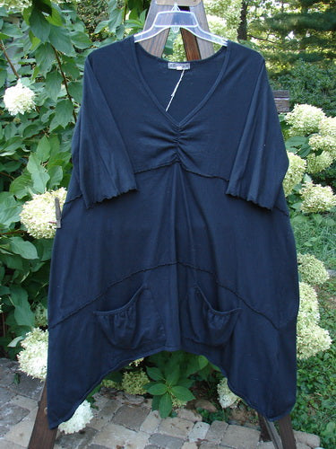 Barclay NWT Vector Tunic Dress Unpainted Black Size 2 hangs on a clothesline, showcasing its A-line shape, dip side hemline, and exterior drop front pockets.