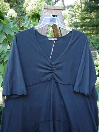 Barclay NWT Vector Tunic Dress Unpainted Black Size 2 on a hanger, featuring a dip side hemline, V-shaped neckline, center front gather, A-line shape, and exterior drop front pockets.