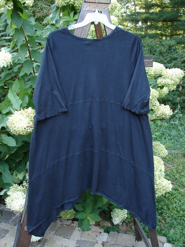 Barclay NWT Vector Tunic Dress Unpainted Black Size 2 displayed on a wooden hanger, showcasing its V-shaped neckline, A-line shape, and varying hemline with exterior drop front pockets.