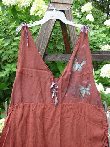 Barclay Gauze Linen Two Tier Ribbon Jumper Butterflies Cinnabar Size 1 features a deep V-neck, silk ribbon ties, lace-up bodice, and butterfly pattern, showcasing BlueFishFinder's vintage-inspired creativity.