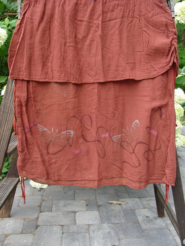Barclay Gauze Linen Two Tier Ribbon Jumper Butterflies Cinnabar Size 1 showcases deeper arm openings, variegated silk ribbon ties, lace-up front, empire waist, and butterfly theme paint, reflecting Bluefishfinder.com's vintage style.
