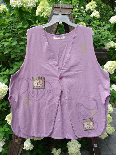 1997 Elements Dock Vest Ocean Life Jasmine Size 2 featuring a unique ocean-themed design, single button closure, high vented sides, and draw cord back, made from medium weight organic cotton.