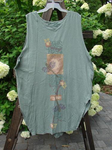 1994 Cricket Vest with Dragonfly Garden design, featuring a round front hemline, squared rear hemline, and numerous small buttons, displayed on a rack. Size 2, medium-weight cotton from BlueFishFinder.com.