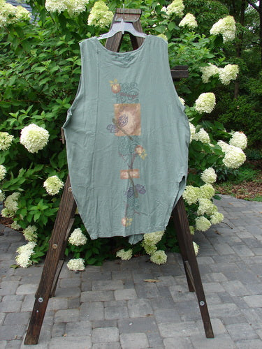 1994 Cricket Vest Dragonfly Garden Seaweed Size 2 displayed on a wooden rack with intricate floral and dragonfly designs, featuring a round front hemline and smaller buttons for a vintage look.