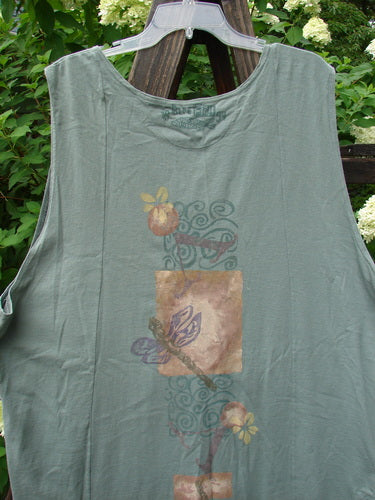 1994 Cricket Vest Dragonfly Garden Seaweed Size 2: Grey tank top with dragonfly design, featuring round front hemline, squared rear hemline, and original buttons.