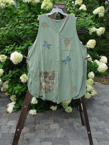 1995 Breeze Vest Water Can Dinette Green OSFA: A green vest with a design on it, featuring a rounded front and back shirttail hemline, a deep V-shaped neckline, and tall rounded vented sides.