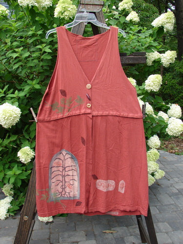 1993 Little Tree Vest Falling Leaf Red Oro OSFA, featuring a painted leaf design, unique snap-on lower panel, deep V neckline, and vintage buttons.