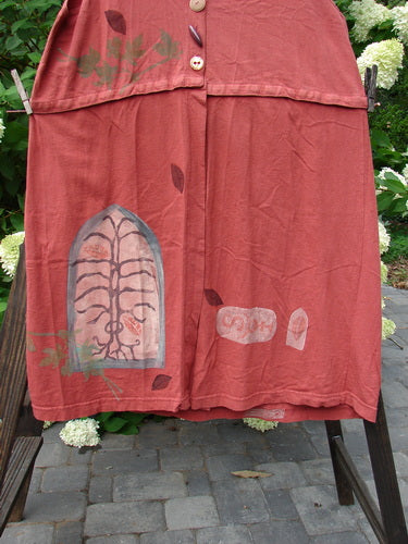 1993 Little Tree Vest Falling Leaf Red Oro OSFA: A red vest featuring a painted falling leaf design, unique snap-off lower panel, oversized Blue Fish path, vintage buttons, deep V neckline, and empire waistline.