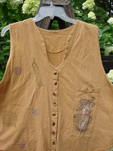 1994 Pen Pocket Vest Garden Bee Dijon Size 2 featuring a front painted pocket with a honeybee theme and Blue Fish signature stamp on the upper back neckline.