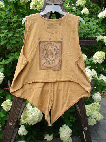 1994 Pen Pocket Vest Garden Bee Dijon Size 2, featuring a rounded V neckline, pointed front hem, and a painted honeybee-themed pocket, displayed on a hanger.
