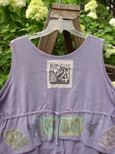 1993 The Vest Mushroom Garden Periwinkle Size 1 features a heart patch, original Blue Fish buttons, and tuxedo-style front tails, perfectly oversized with a mark on the lower left hem.