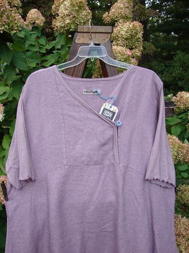 Barclay NWT Linen Lace Blooming Tunic Dress Unpainted Lavender Size 2 displayed on a hanger, highlighting its three-quarter scallop-edged sleeves, cross-over neckline, empire waist seam, and lace-trimmed hem.