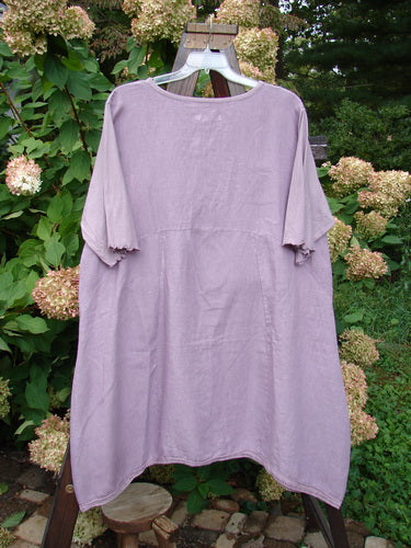 Barclay NWT Linen Lace Blooming Tunic Dress, Lavender, displayed on a hanger, showcasing its cross-over neckline, empire waist seam, scallop-edged sleeves, and lace-trimmed hem.