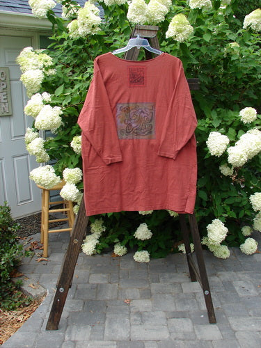 1993 Sticks and Stones Jacket, a red shirt on a swinger. Features include a deep V neckline, front snaps, vented sides, and painted pockets. Bust 54, Waist 54, Hips 54, Length 34.