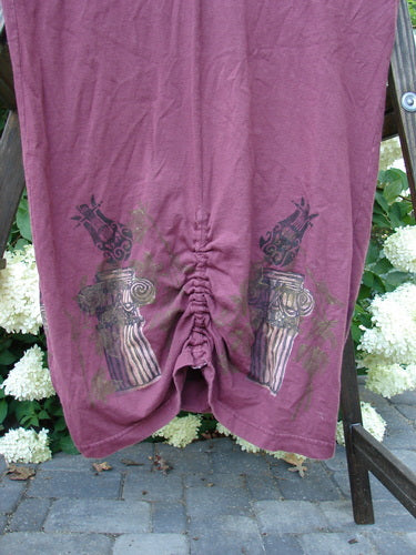 1993 Deep Neck Button Dress Woodberry Roman Strings OSFA, showcasing a deep neckline, vertical draw cords, and button accents. Perfect condition, part of the Fall Collection 1993, made from cotton jersey.