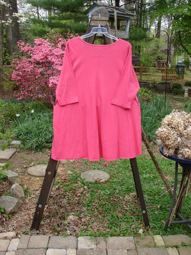 Barclay High Low Top Unpainted Flamingo Size 2: A pink dress with a huge A-line shape, rounded banded bottom, and varying hemline. Features a feminine neckline and longer sleeves.