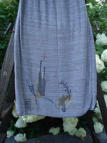1995 Cotton Rayon Linear Column Sweater Duo Pike Dusk Mélange OSFA Size 1, featuring a grey skirt with wine bottles, cross designs, and white flowers, showcasing a unique, artistic print and superb drape.