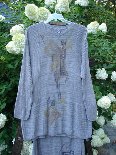 1995 Cotton Rayon Linear Column Sweater Duo Pike Dusk Mélange OSFA Size 1 displayed on a hanger, featuring a graphic flowerpot design, ribbed neckline, and textured stitch patterns.
