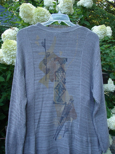 1995 Cotton Rayon Linear Column Sweater Duo Pike Dusk Mélange OSFA Size 1: A grey sweater with a design on it, paired with a matching column skirt.