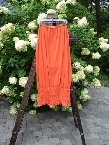 2000 Rings of Saturn Skirt Unpainted Fire Size 2 displayed on a wooden ladder, showcasing its full-length, tapered design and stretchy smocking detail.