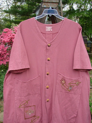 2000 Double Decker Pocket Top Garden Bug Rose Size 2 with two front oversized pockets, pleated back line, and signature Blue Fish patch, showcasing the unique garden bug theme paint.