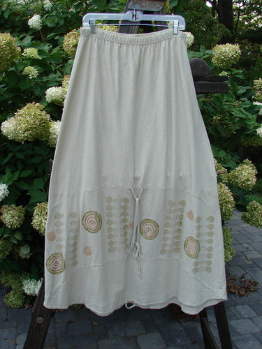 2000 Cotton Hemp Shade Skirt Bio Atom Dove Size 2 featuring a detailed pattern, full elastic waistband, varying hemline, and sectional horizontal panels for creative adjustments.